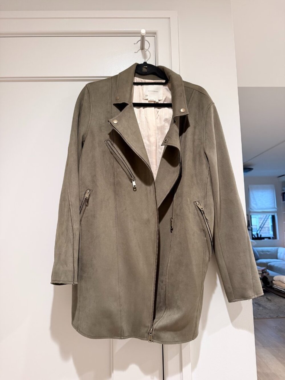 Anthropologie Olive Faux Suede Moto Jacket Asym Zip